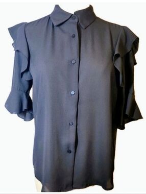 ELIE TAHARI Blouse Black Ruffled Womens Collared Short Sleeve Size S Button Down